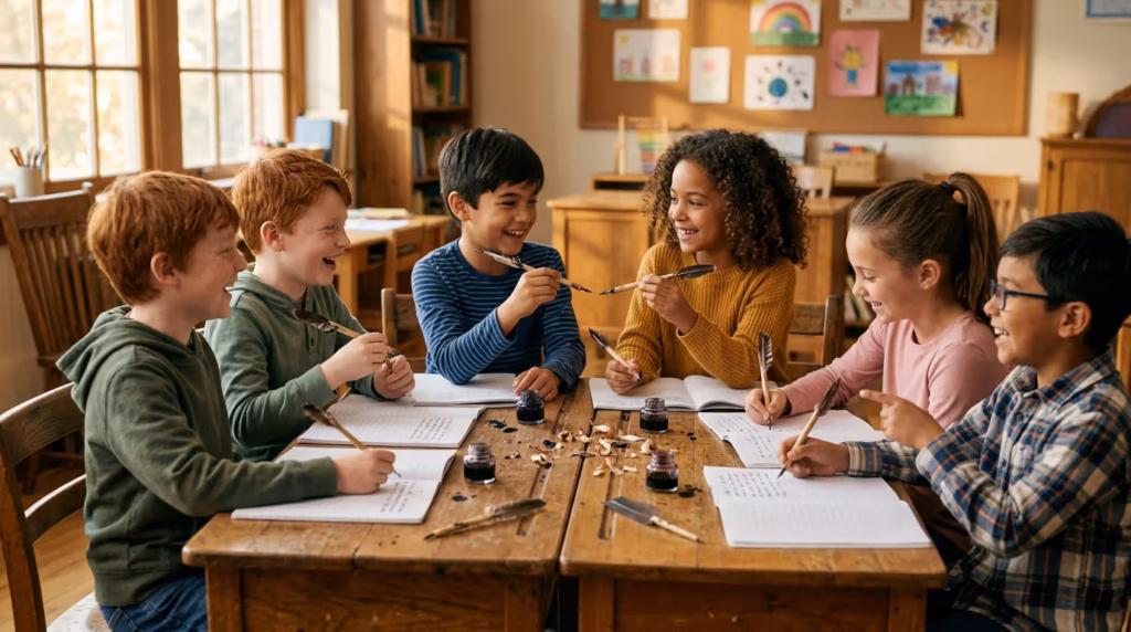 Holunderstiftwerkstatt - Kinder schreiben mit ihren neuen Holunderstiften aufs Papier