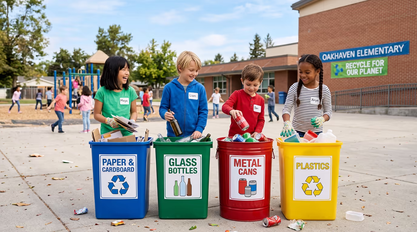 Kreisläufe verstehen - Was recycelt der Mensch - Kinder sortieren Müll in verschiedene Behälter